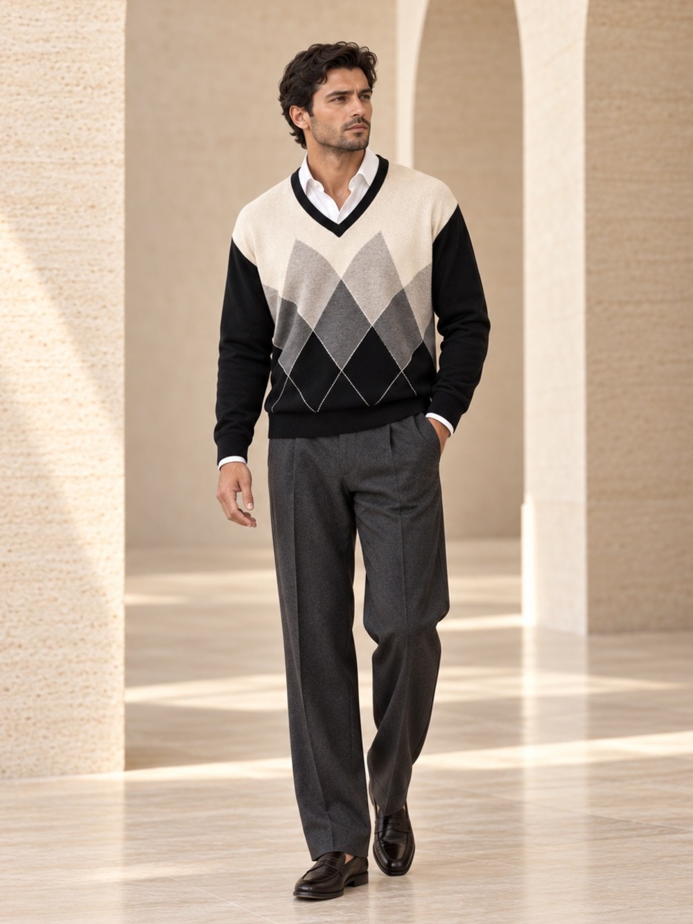 Gran Sasso Argyle Merino Wool Knit Quiet Luxury Sweater Sz L/XL